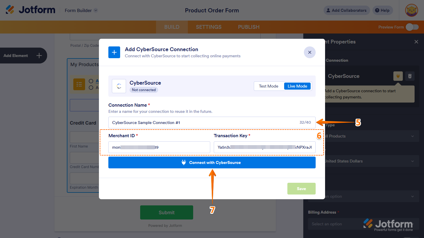 Merchant Id and Transaction Key setting in the Add CyberSource Connection window in Jotform Form Builder