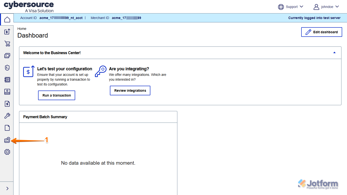 Checked Credit Card icon in the navigation menu of the CyberSource Account Dashboard