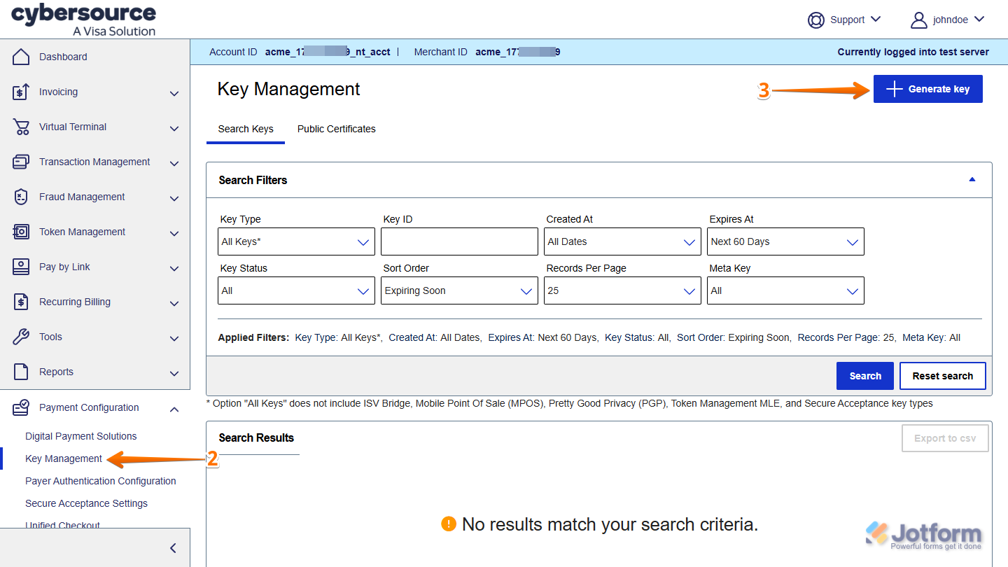 Key Management tab in the Payment Configuration section in the navigation menu of the CyberSource Account Dashboard