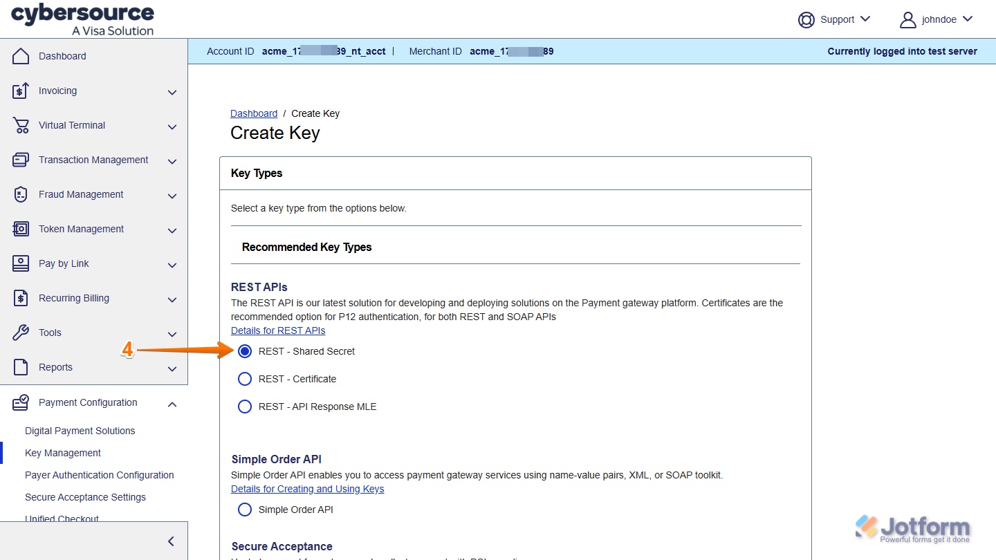 Rest - Shared Secret option under the REST APIs section in the Create key section in CyberSource