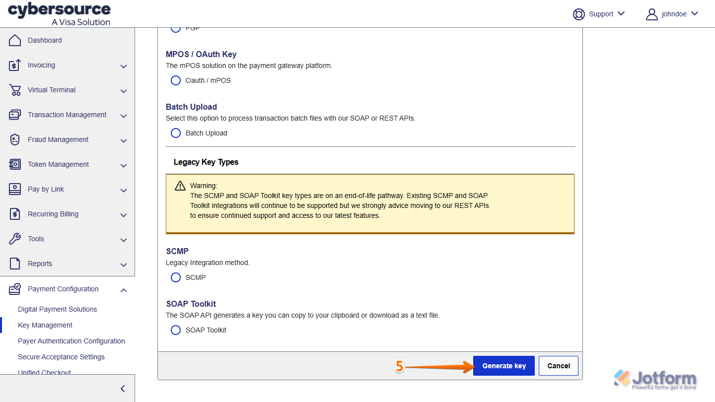 Generate key button at the bottom of the Create Key section in CyberSource