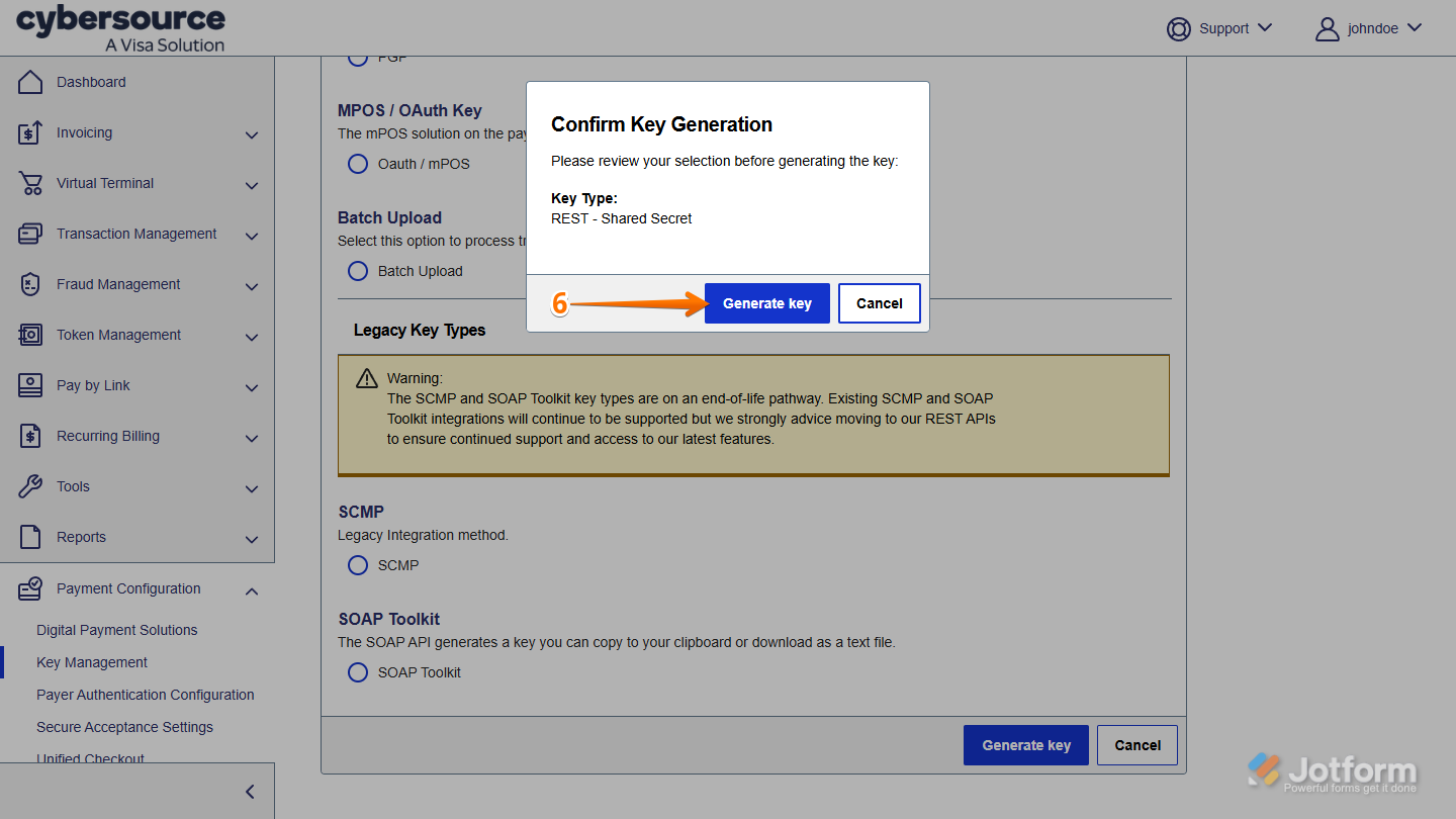 Generate key button in the Confirm Key Generation window in CyberSource