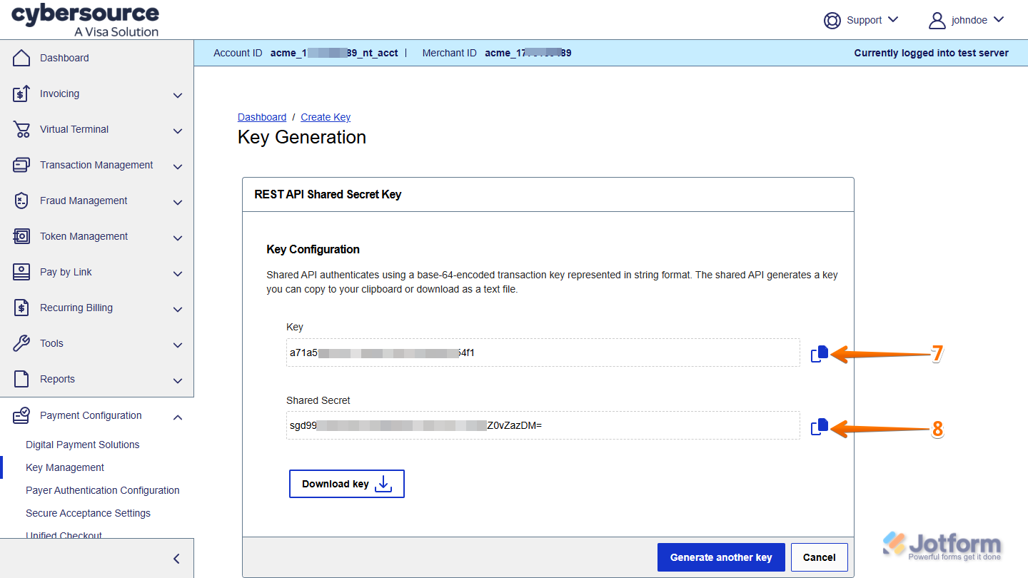 Copy icons next to the Key and Shared Secret in the Key Generation section in CyberSource