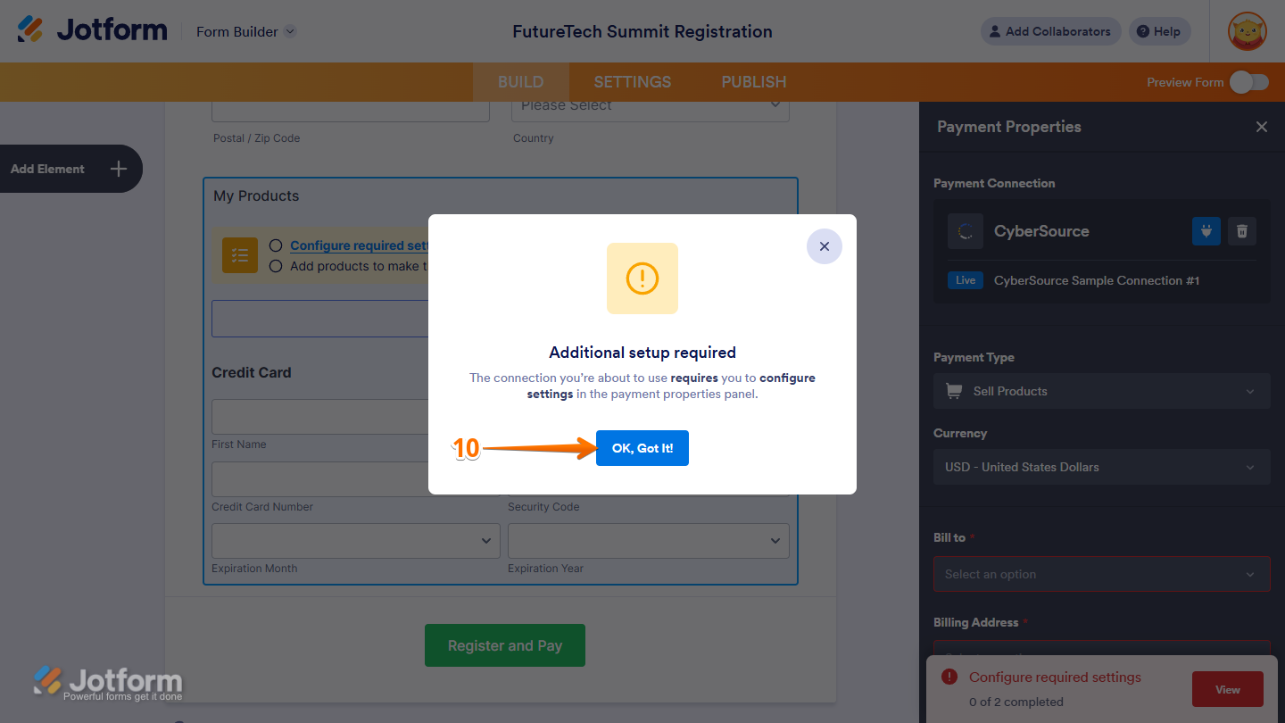 Ok, Got it! button in the Additional Setup Required window in Jotform Form Builder