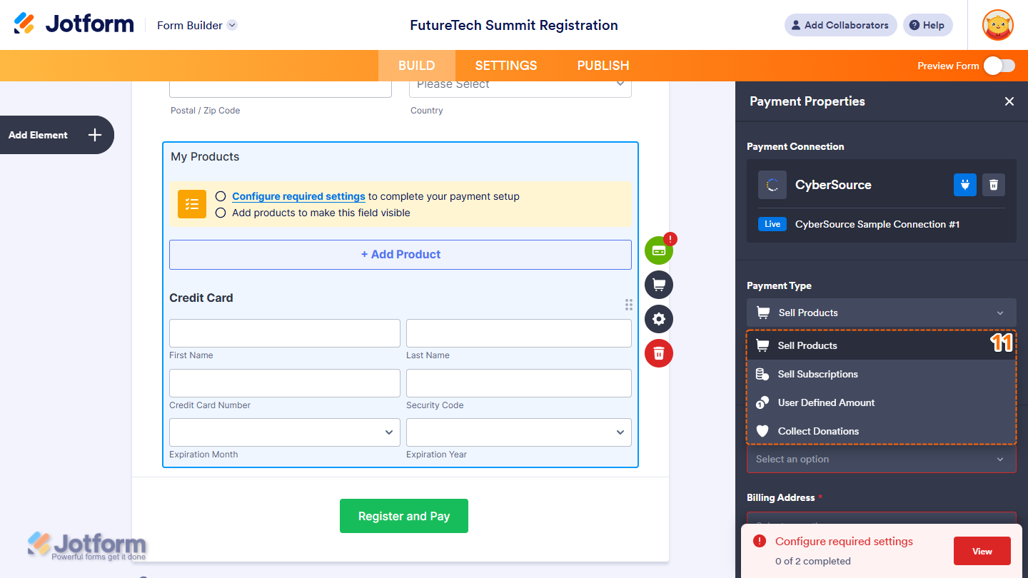 Payment Type settings in the Payment Properties menu in Jotform Form Builder