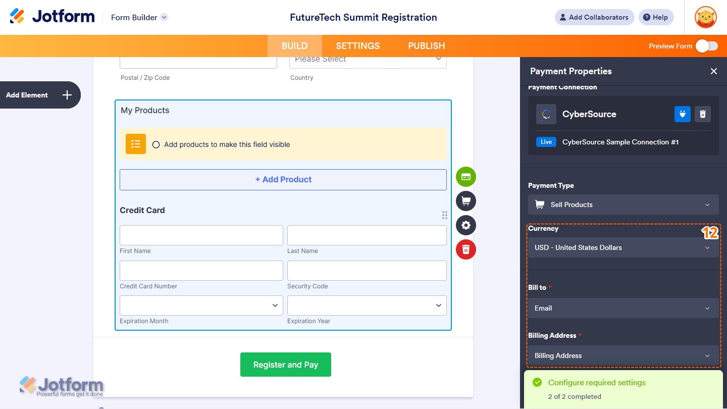 Currency, Bill To, and Billing Address settings in the Payment Properties menu in Jotform Form Builder