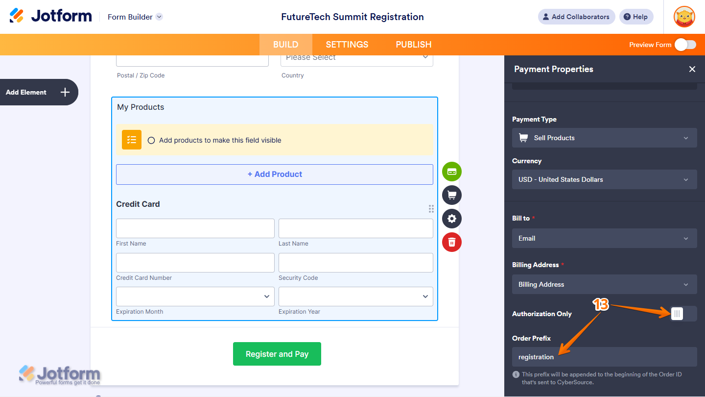 Authorization Only and Order Prefix settings in the Payment Properties menu in Jotform Form Builder