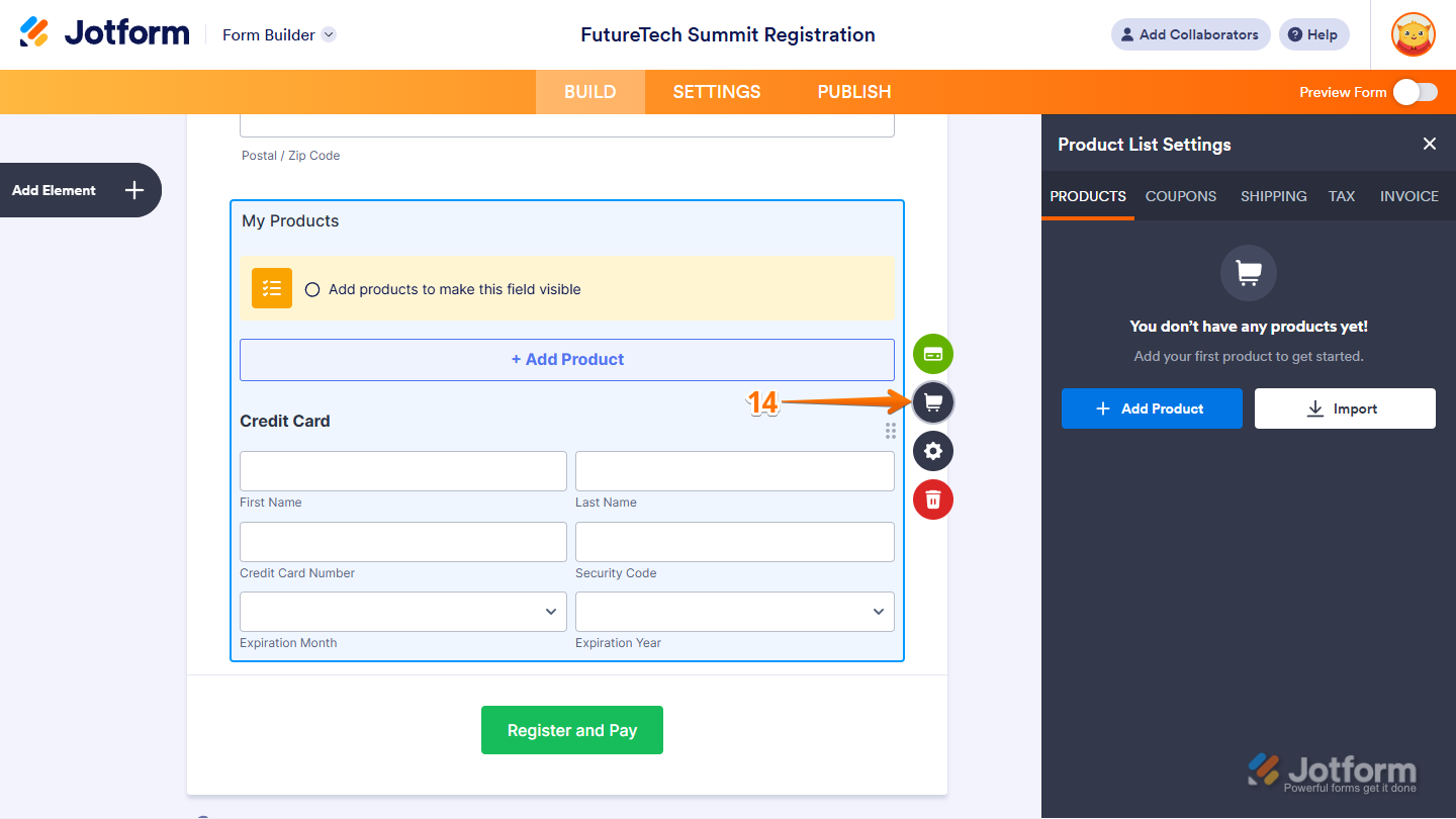 Product List Settings menu for CyberSource payment field in Jotform Form Builder