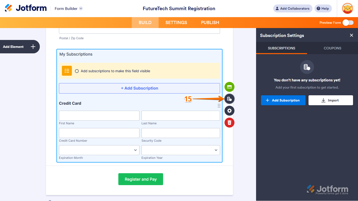 Subscription Settings menu for CyberSource payment field in Jotform Form Builder