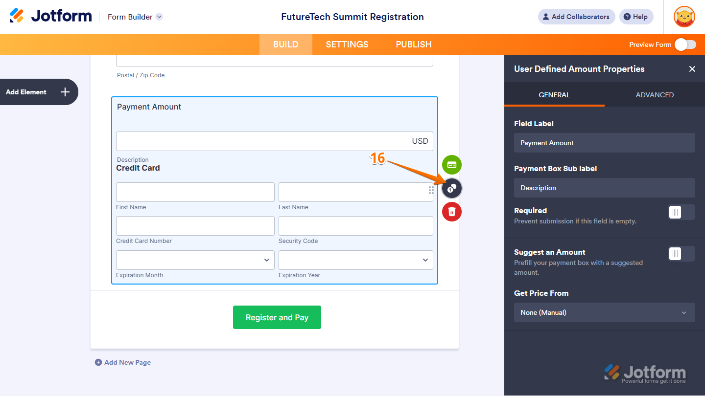 User Defined Amount Properties menu for CyberSource payment field in Jotform Form Builder