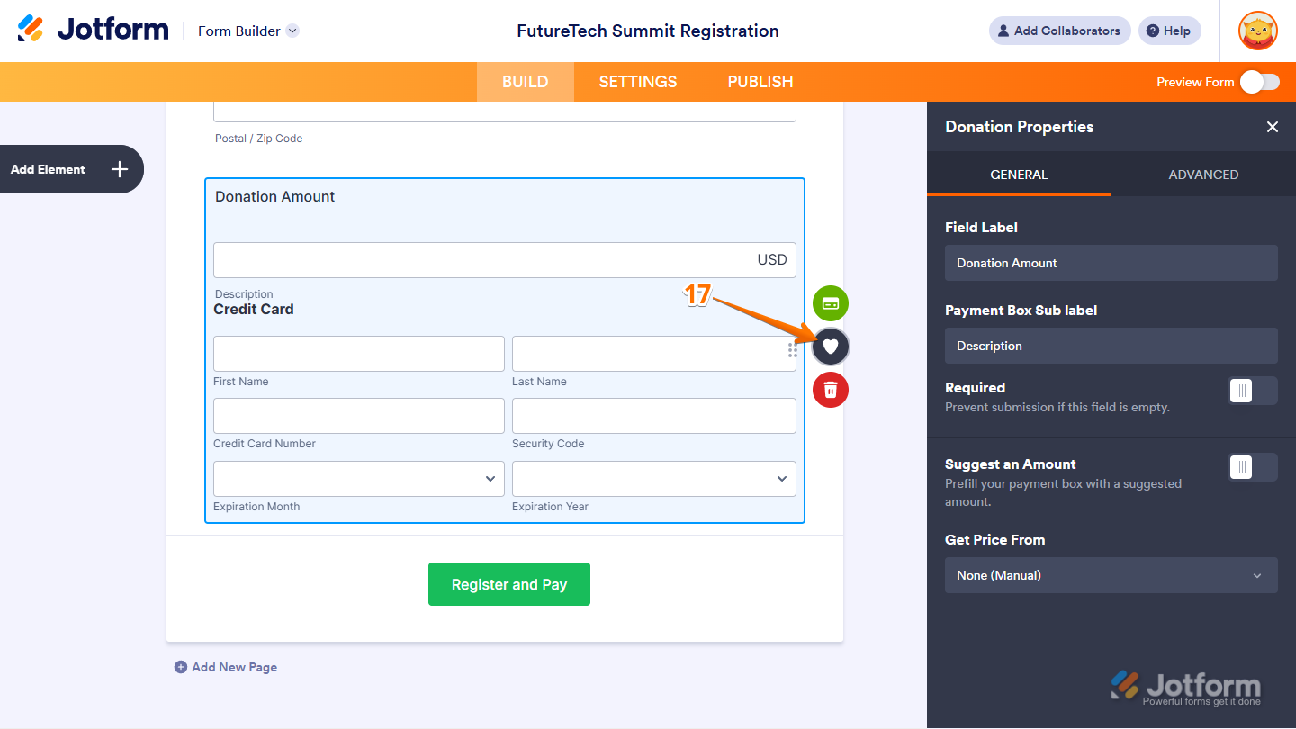 Donation Properties menu for CyberSource payment field in Jotform Form Builder