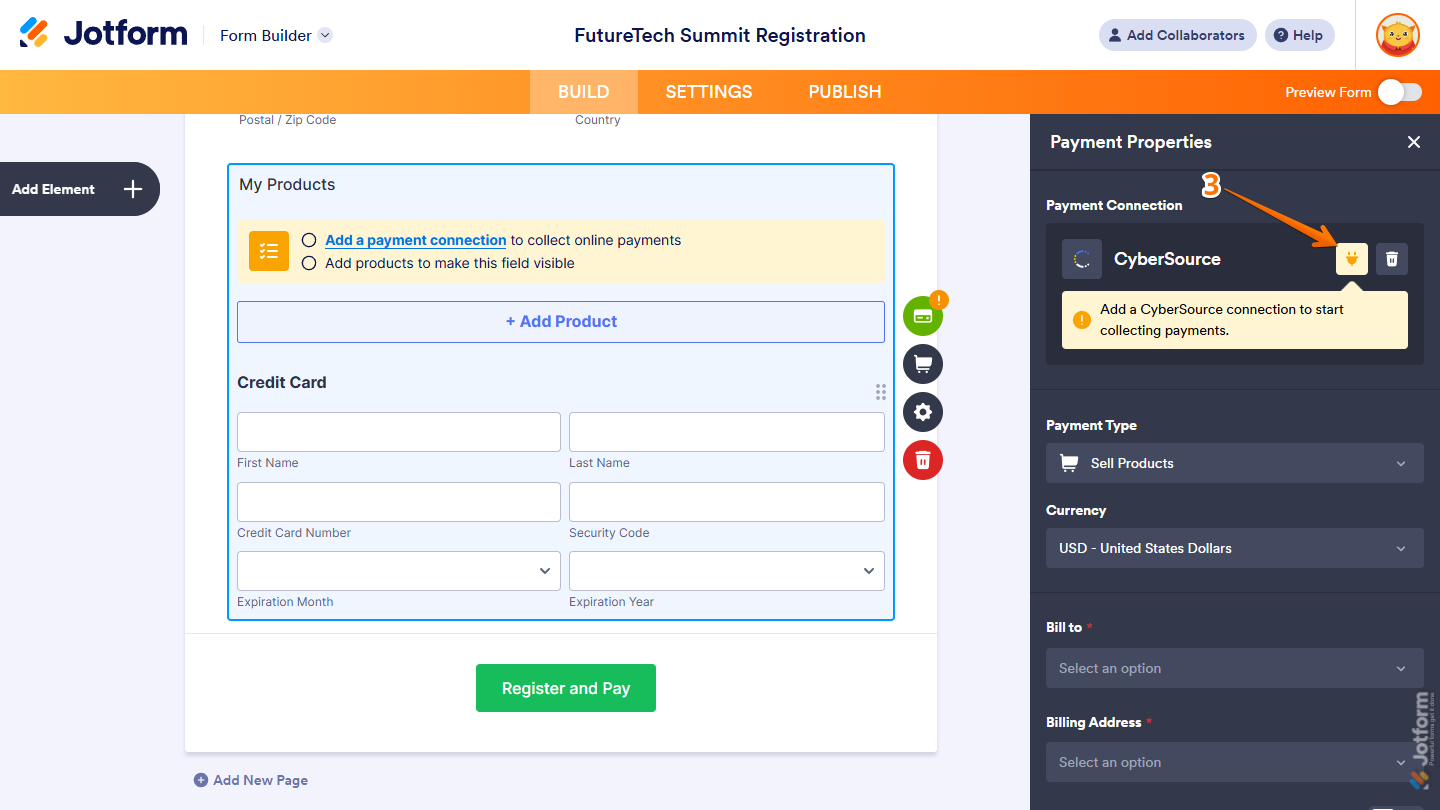 Plug icon of the CyberSource Payment Connection section in the Payment Properties menu in Jotform Form Builder