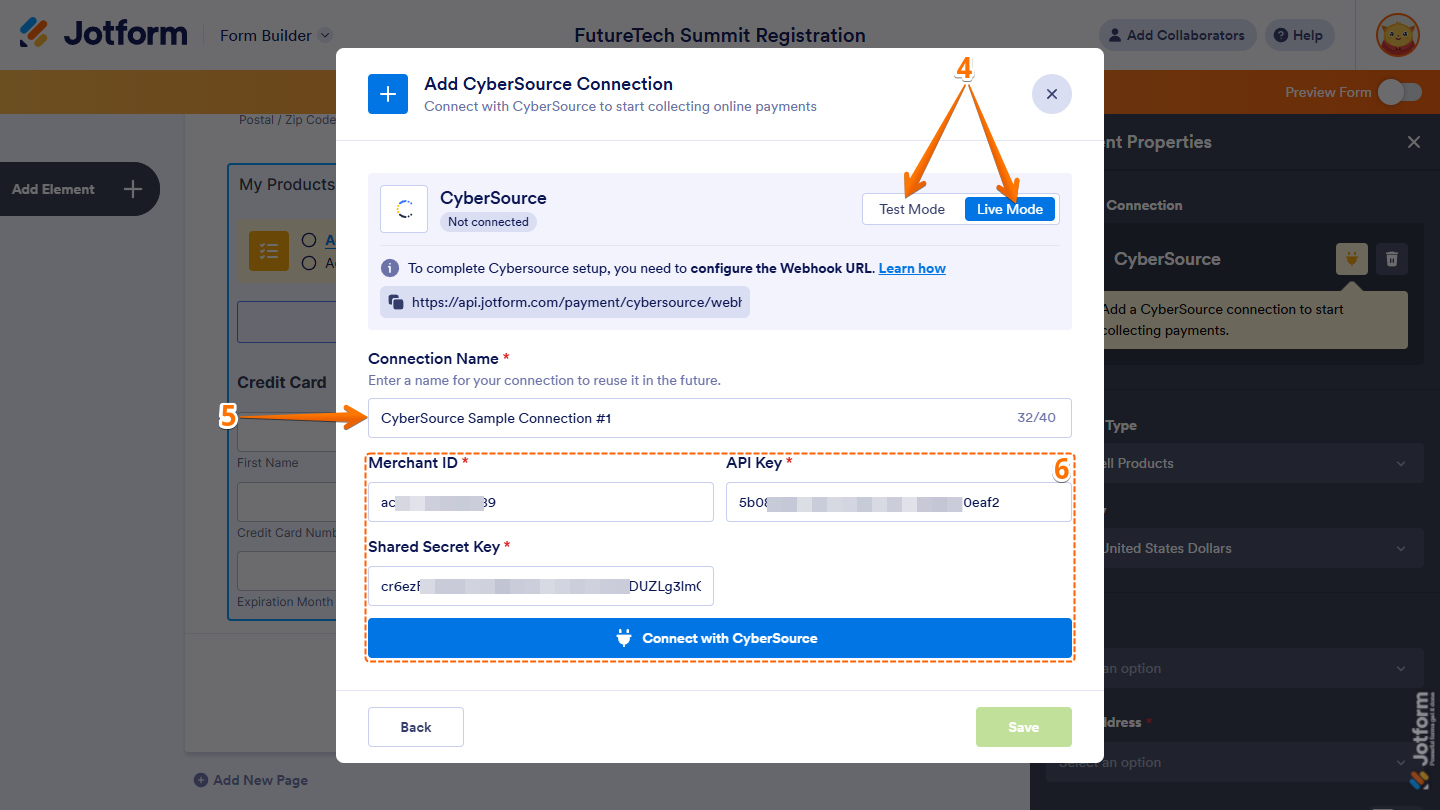 Test Mode and Live Mode, Connection Name, Merchant ID, API credentials in the Add CyberSource Connection window in Jotform Form Builder