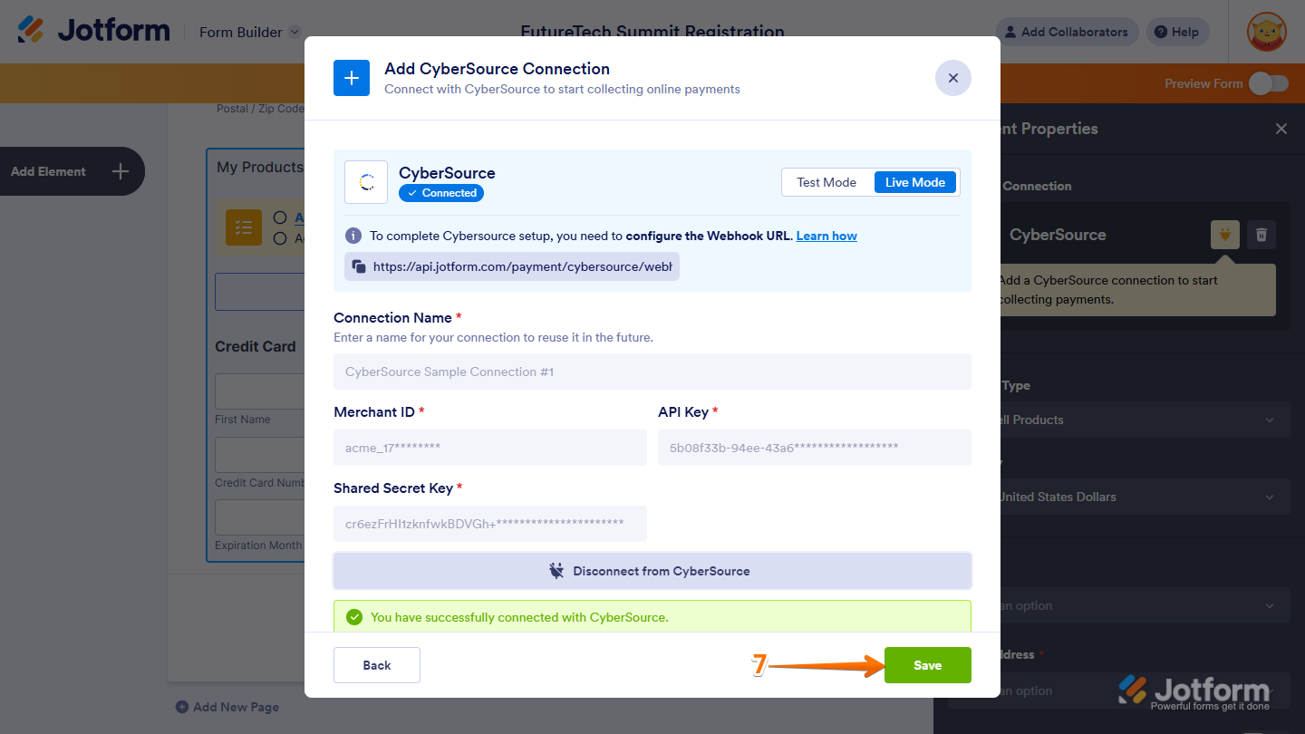 Save button in the Add CyberSource Connection window in Jotform Form Builder