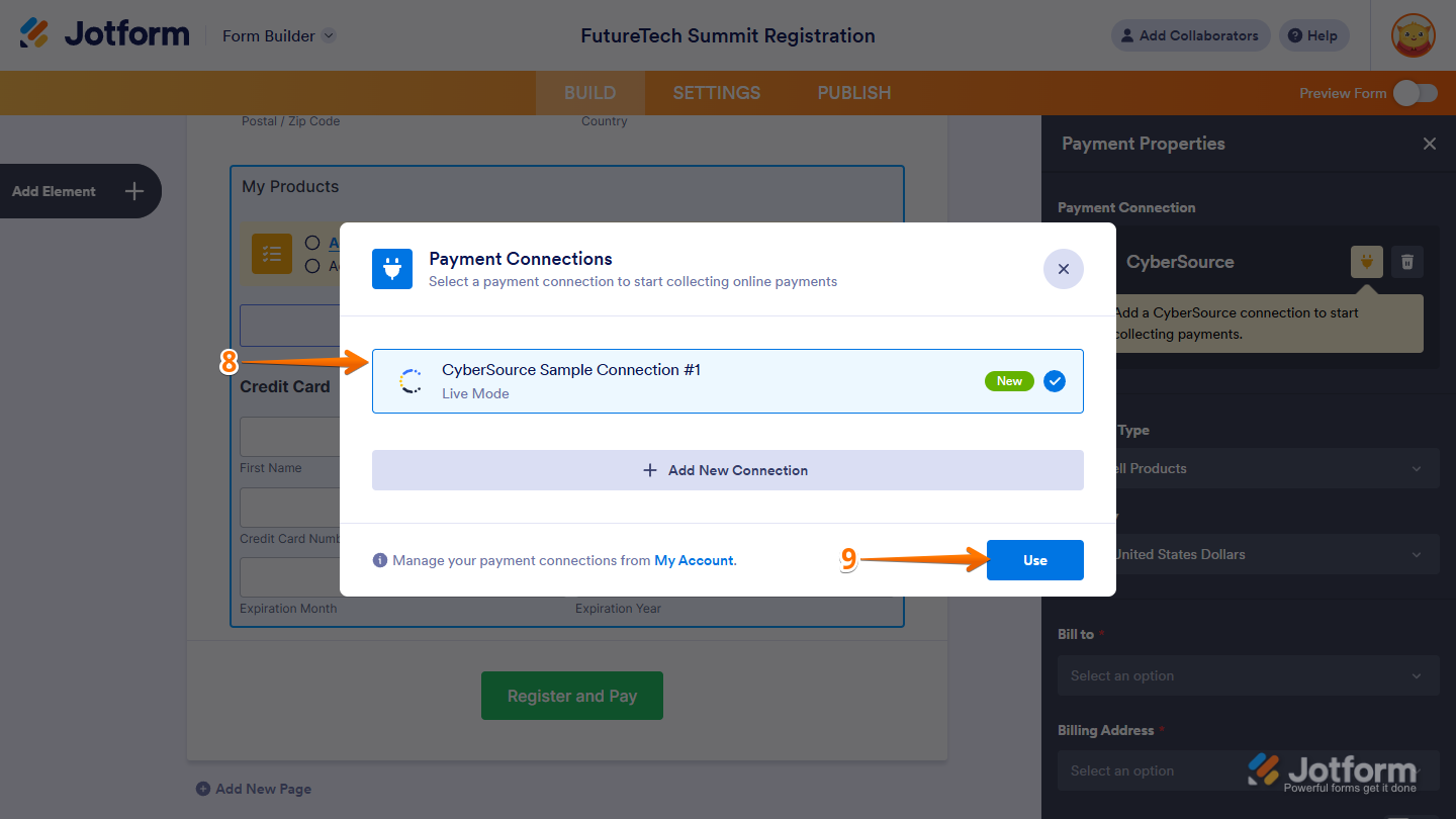 Select CyberSource Reusable Payment Connection and Use button in the Payment Connections window in Jotform Form Builder