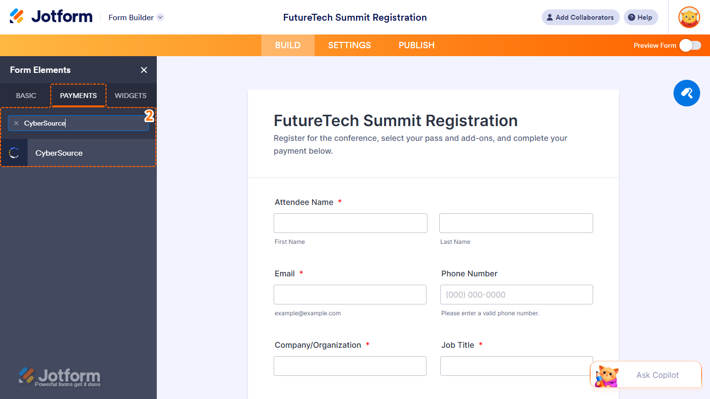 CyberSource element under the Payments tab of the Form Elements menu in Jotform Form Builder