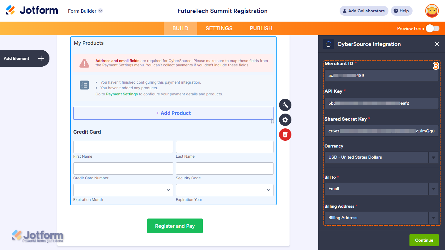 Different settings under the CyberSource Integration menu in Jotform Form Builder