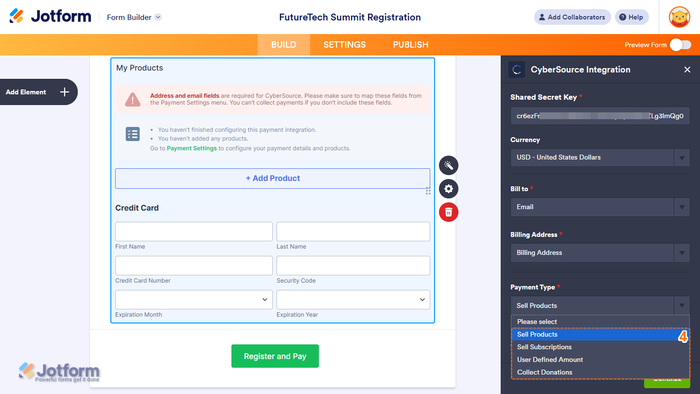 Payment Type settings in the CyberSource Integration menu in Jotform Form Builder