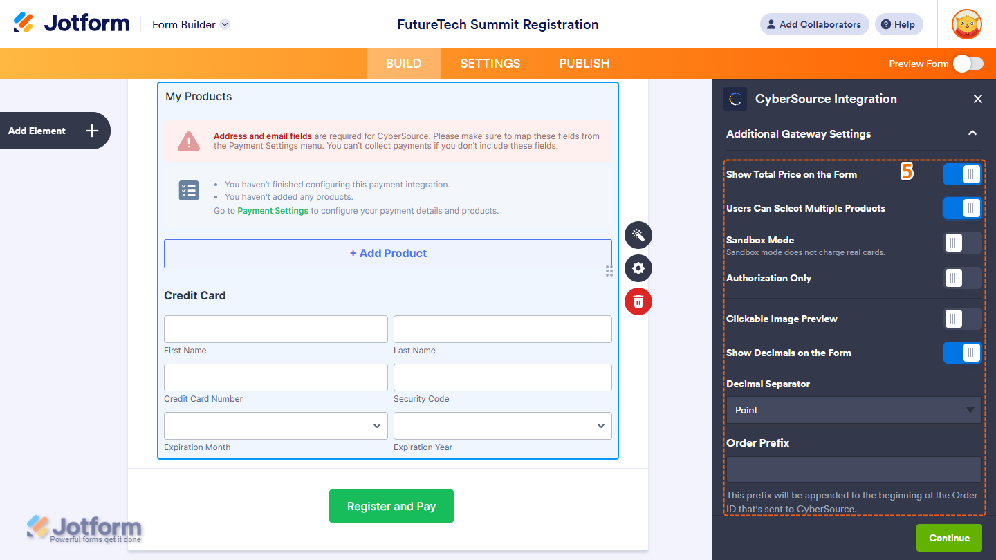 Different settings in the Additional Gateway Settings section of the CyberSource Integration menu in Jotform Form Builder