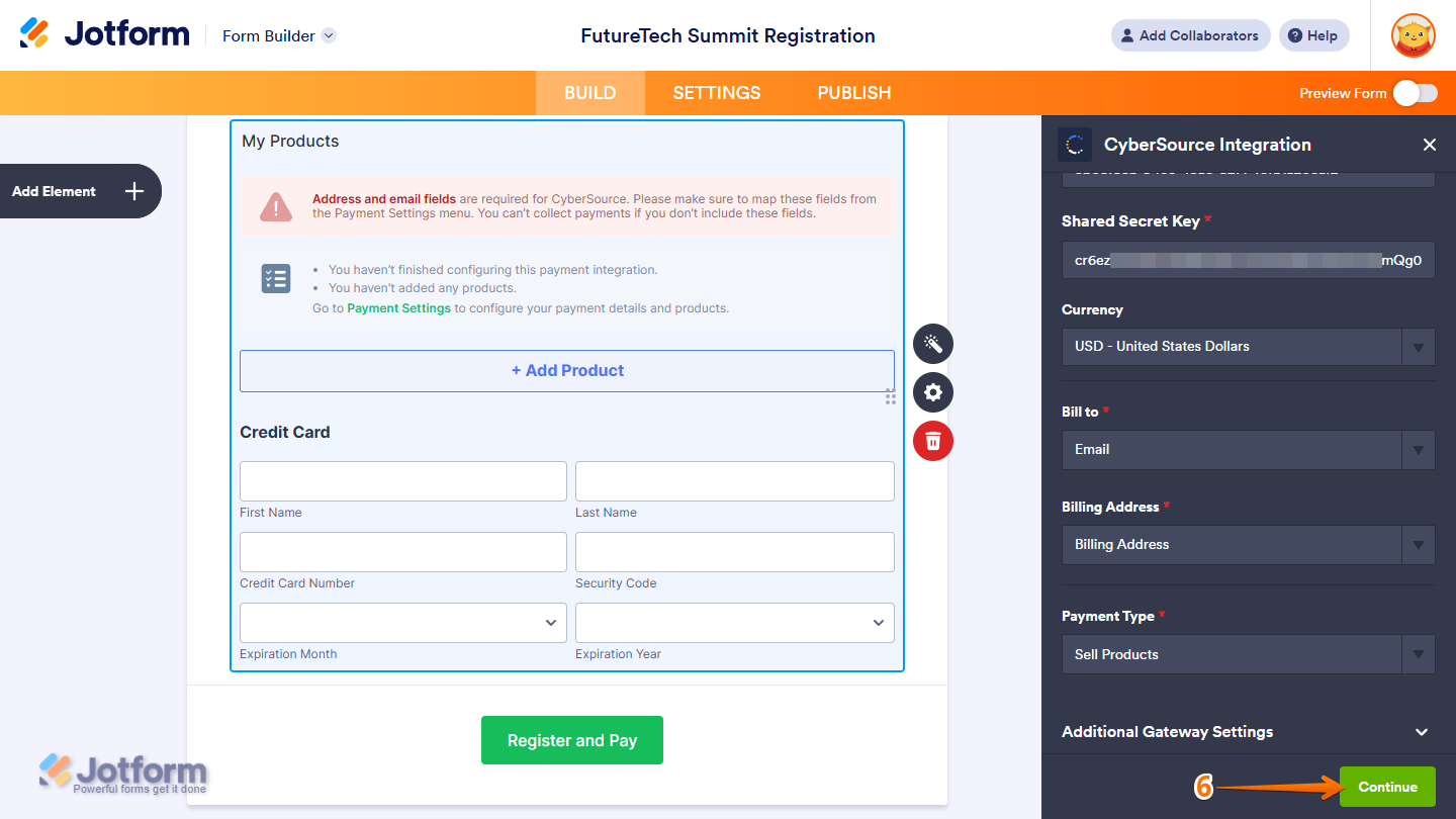 Continue button of the CyberSource Integration menu in Jotform Form Builder