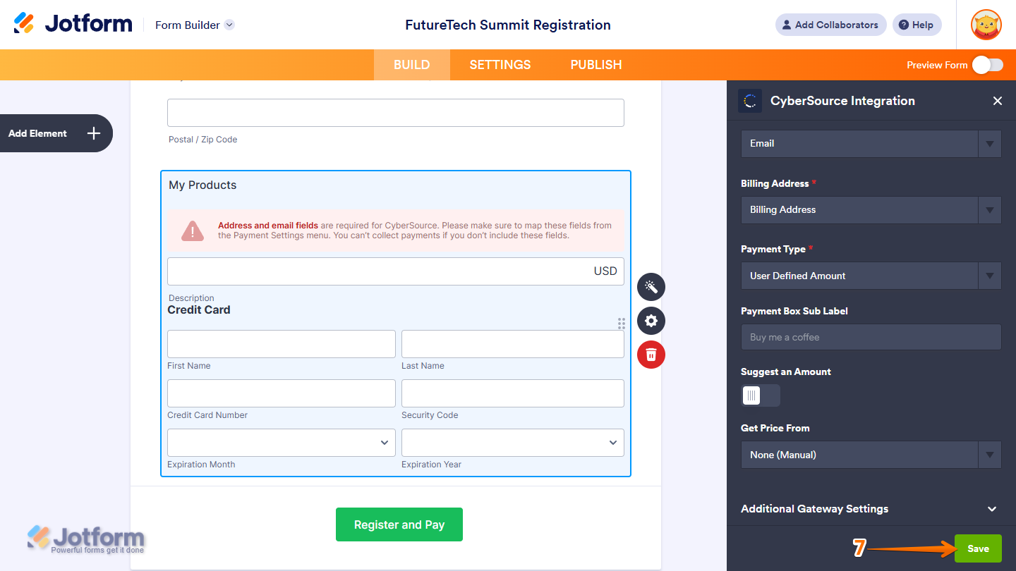 Save button of the CyberSource Integration menu in Jotform Form Builder