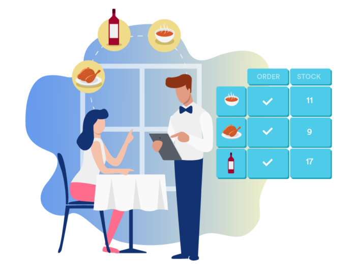 A waiter taking a woman's order with a tablet and an inventory management spreadsheet showing the stock situation