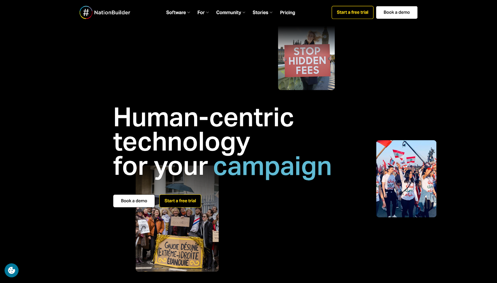 Screenshot of NationBuilder's landing page, showing a headline "Human-centric technology for your campaign"
