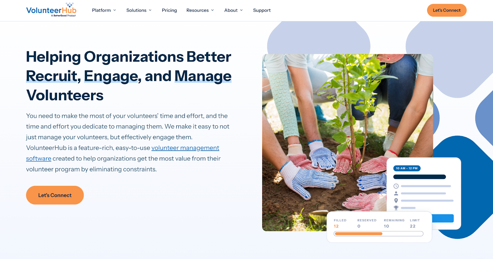 Screenshot of VolunteerHub's landing page, showing a headline "Helping Organizations Better Recruit, Engage, and Manage Volunteers"