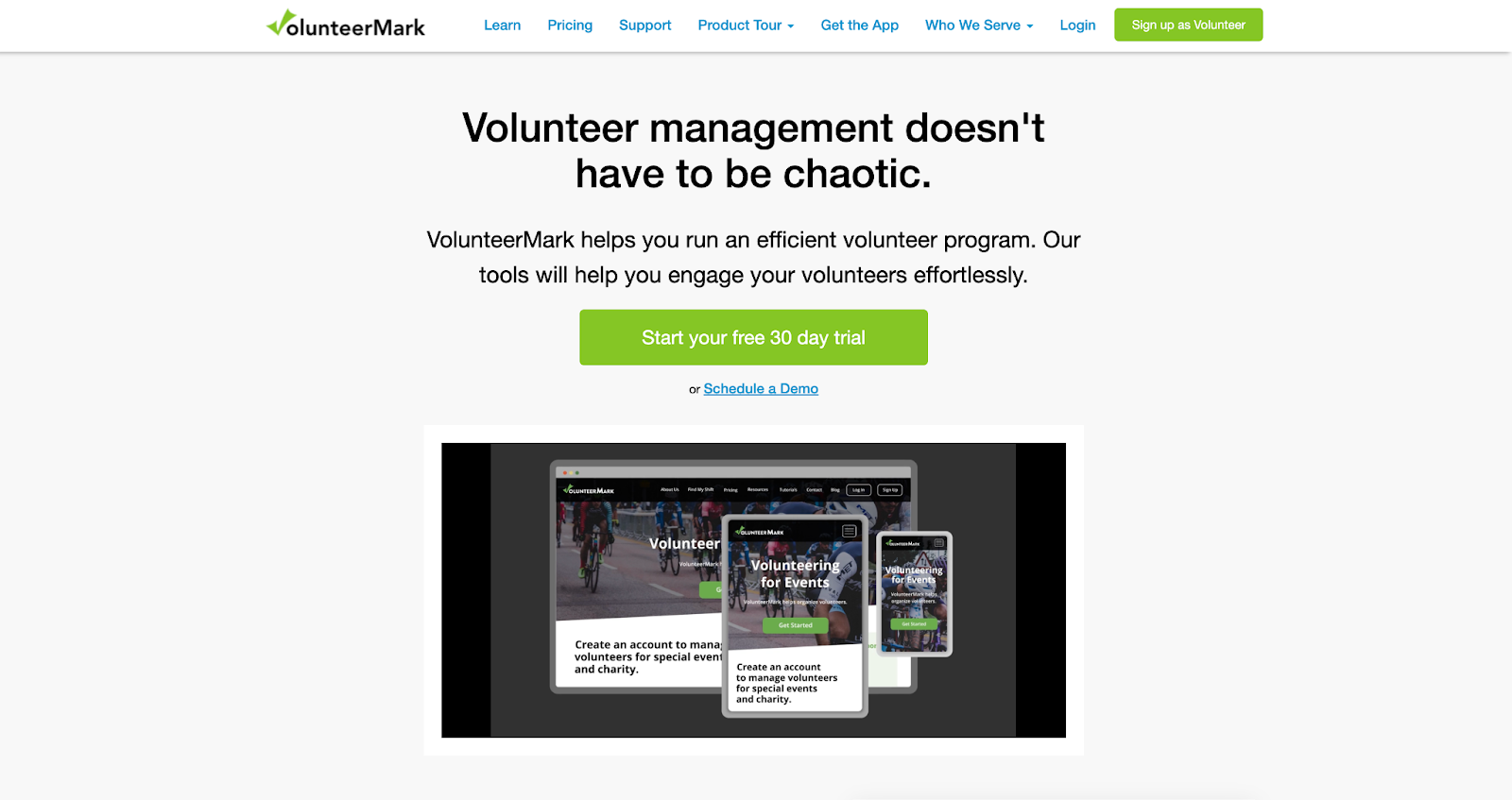 Screenshot of VolunteerMark's landing page, showing a headline "Volunteer management doesn't have to be chaotic