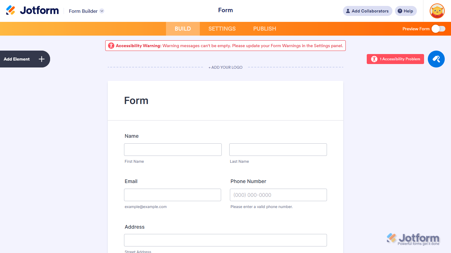 Empty form warning accessibility message indicating that warning text is missing and needs to be updated in the Settings panel in Jotform