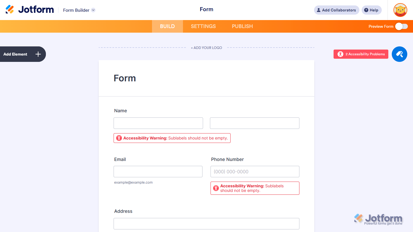 Accessibility warning for missing sublabels in Jotform, indicating that fields with multiple inputs like Full Name or Address should have descriptive sublabels