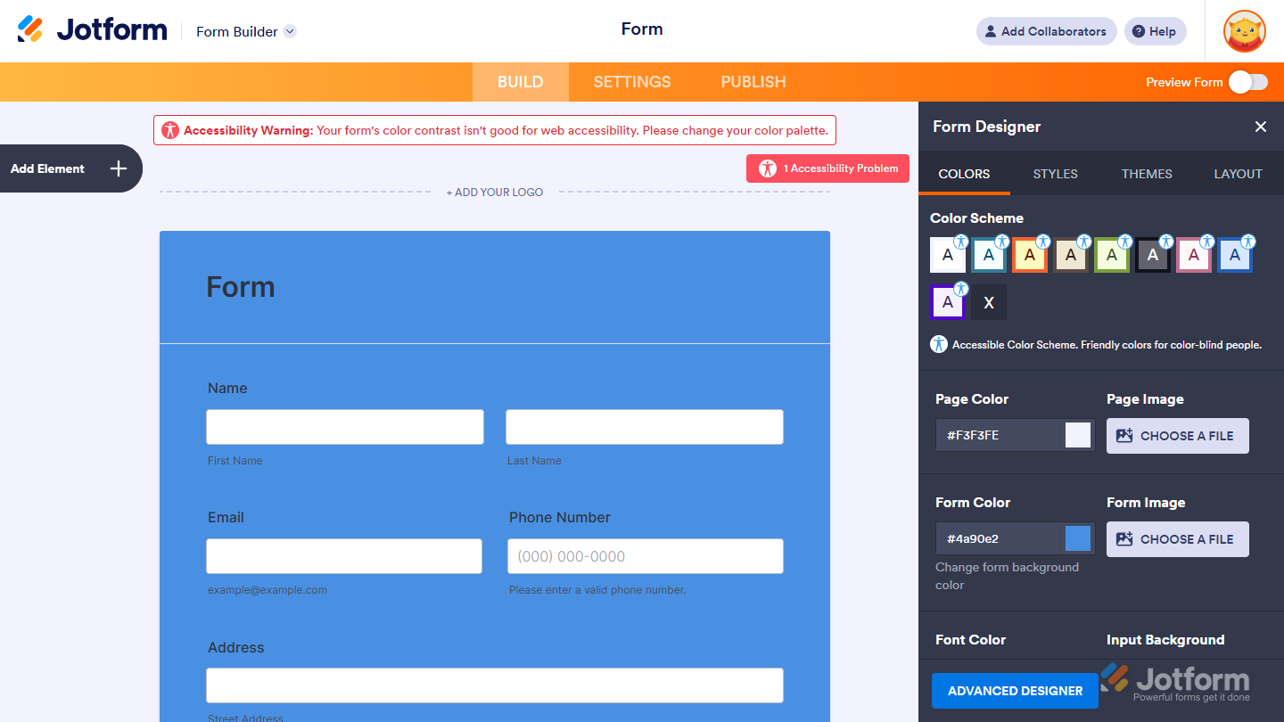 Accessibility warning for poor color contrast in Jotform, indicating that text is hard to read and recommending updating the color palette for better accessibility