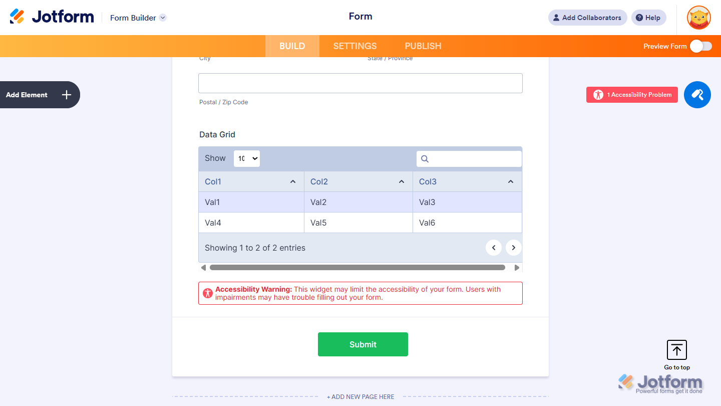 Accessibility warning in Jotform indicating that a widget may not be compatible with assistive tools, potentially causing issues for users with disabilities