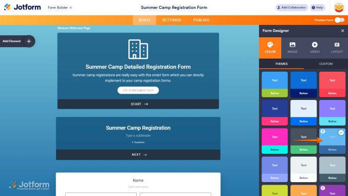 Card Form Designer showing one accessible theme options optimized for contrast and readability in Jotform