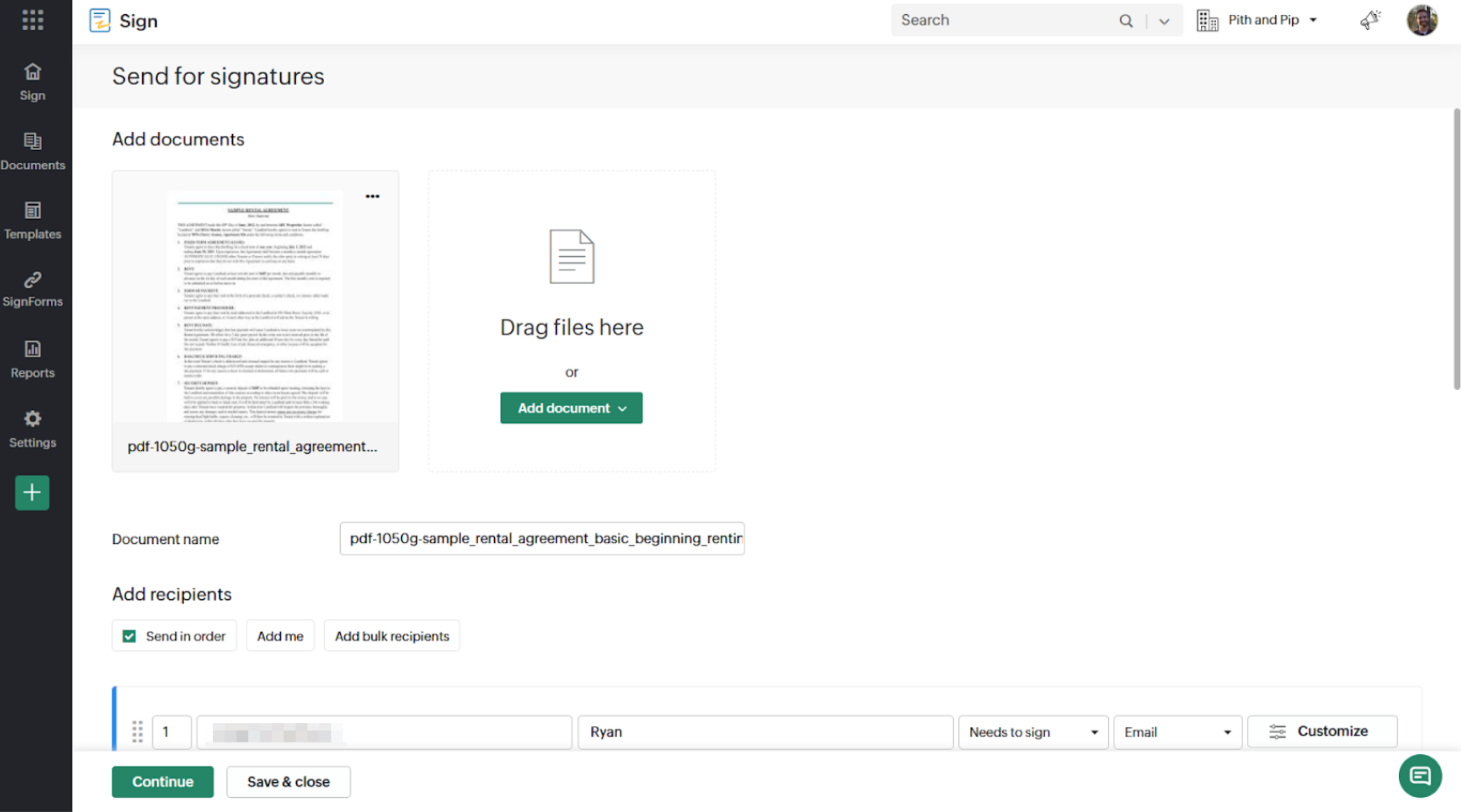 Zoho Sign interface showing an example rental agreement