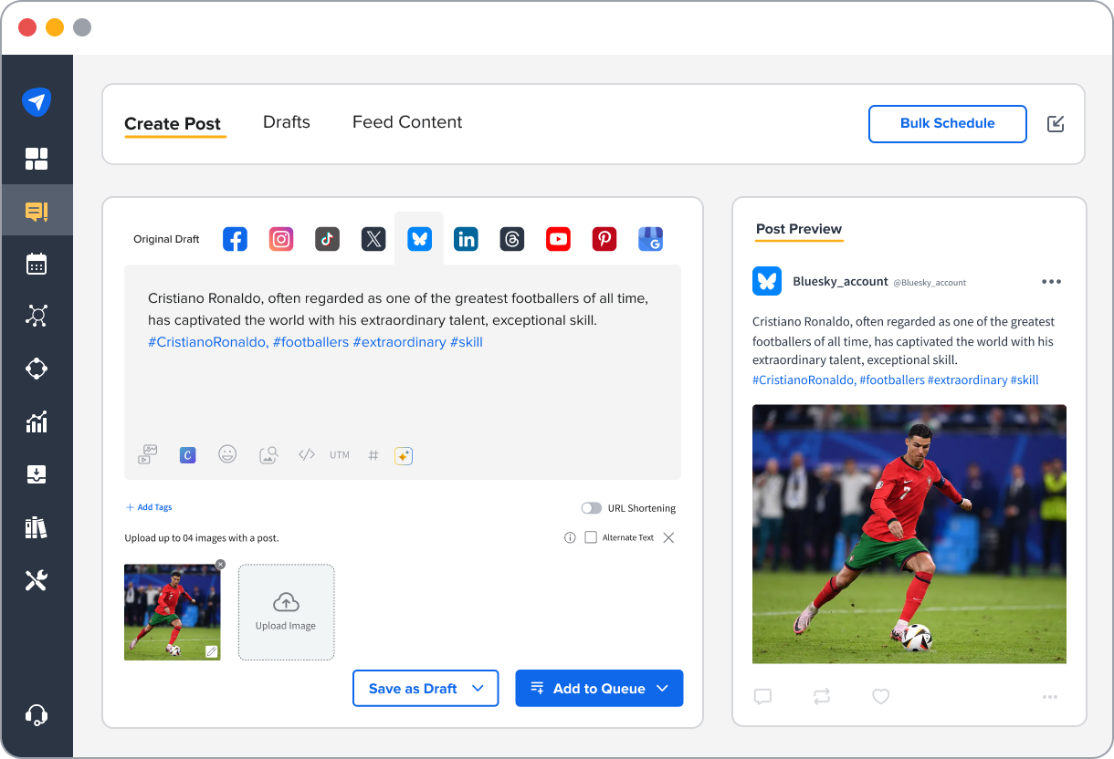 screenshot of social pilot product interface showing an example post from BluSky with cristiano ronaldo