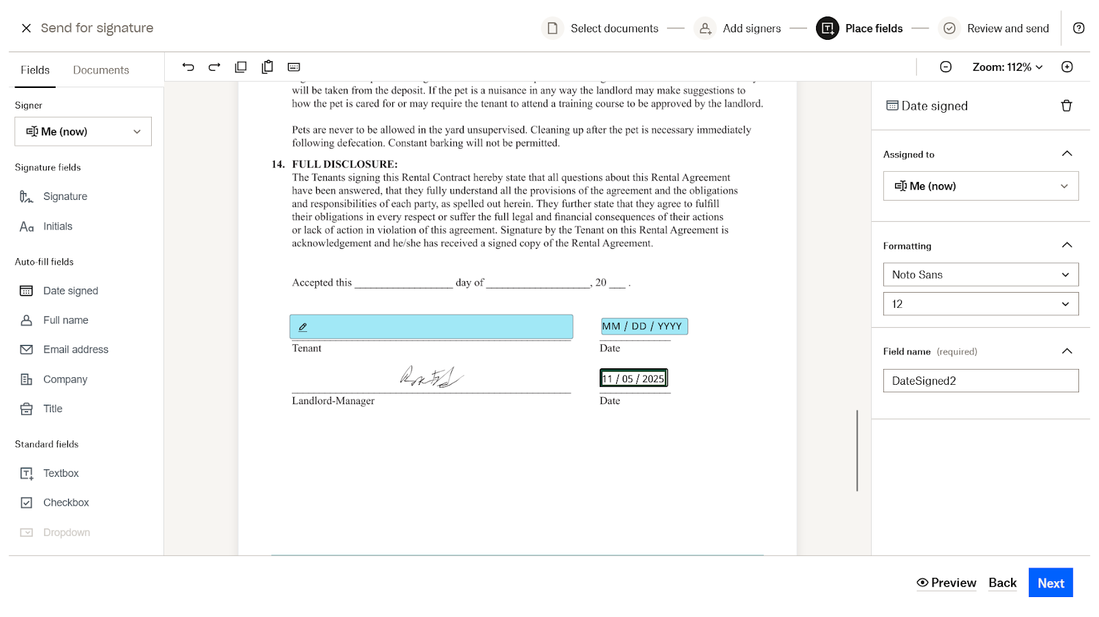 Dropbox Sign interface showing an example rental contract
