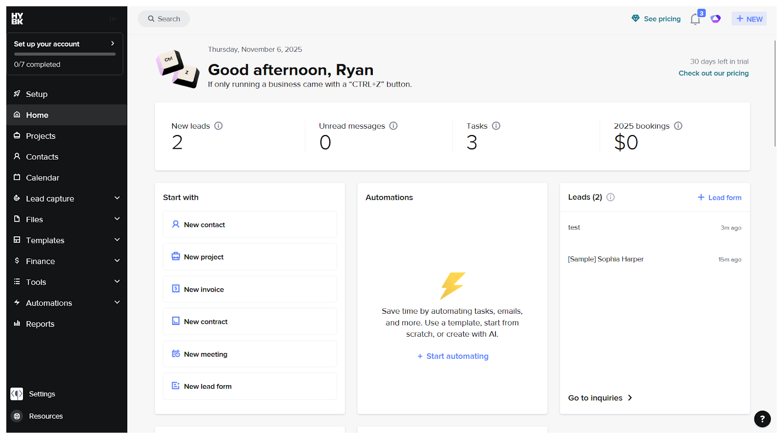 HoneyBook interface showing the dashboard