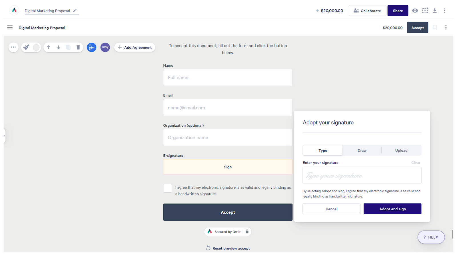 Qwilr interface showing an example digital marketing proposal