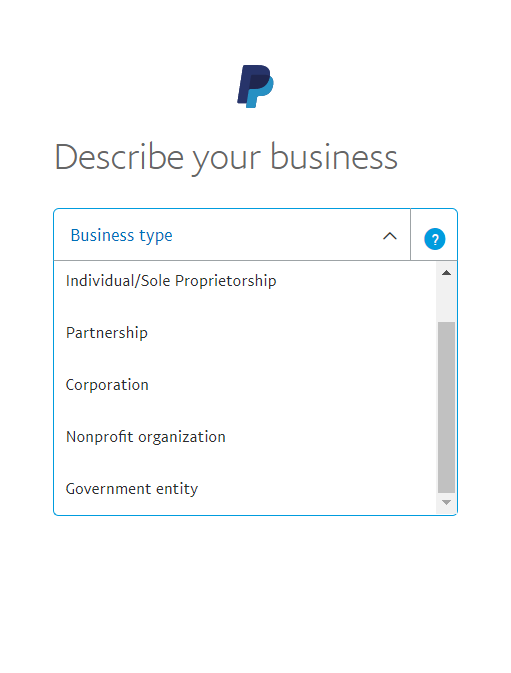 "describe your business" screen