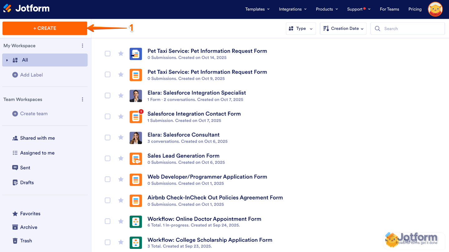 Jotform Workspace interface highlighting the Create option in the upper-left corner for creating a new form