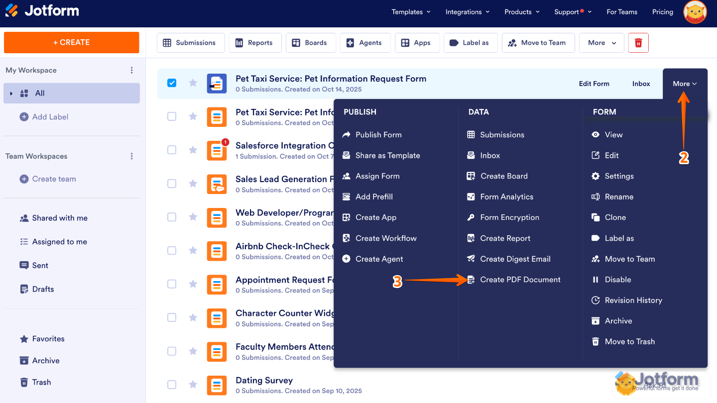 Create PDF Document option under the Form column of the More dropdown menu on the Jotform My Workspace page