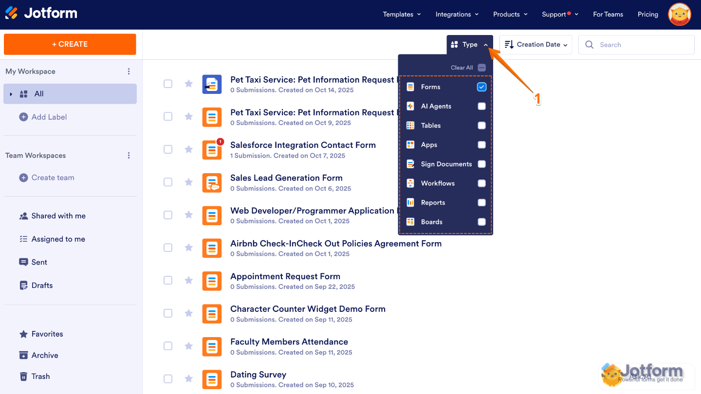 Forms option checked in the Type dropdown menu on the Jotform My Workspace page