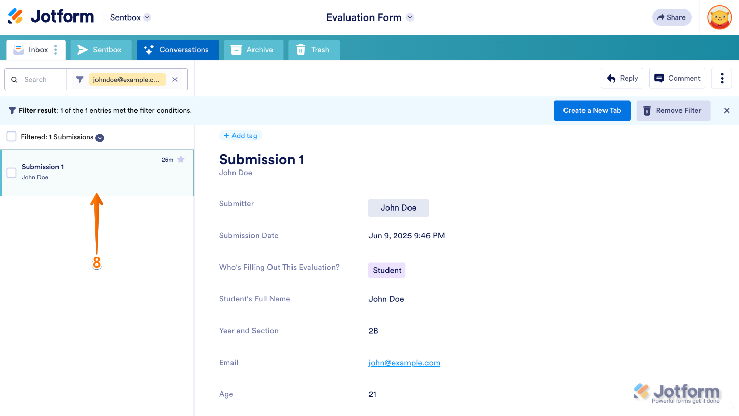 Form Inbox displaying submission details after selecting View Submissions for an assignee