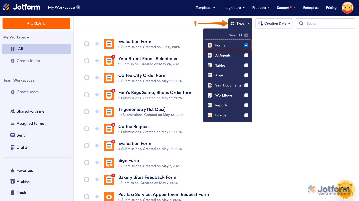 Workspace page showing the Type filter dropdown with only Forms selected to display form assets