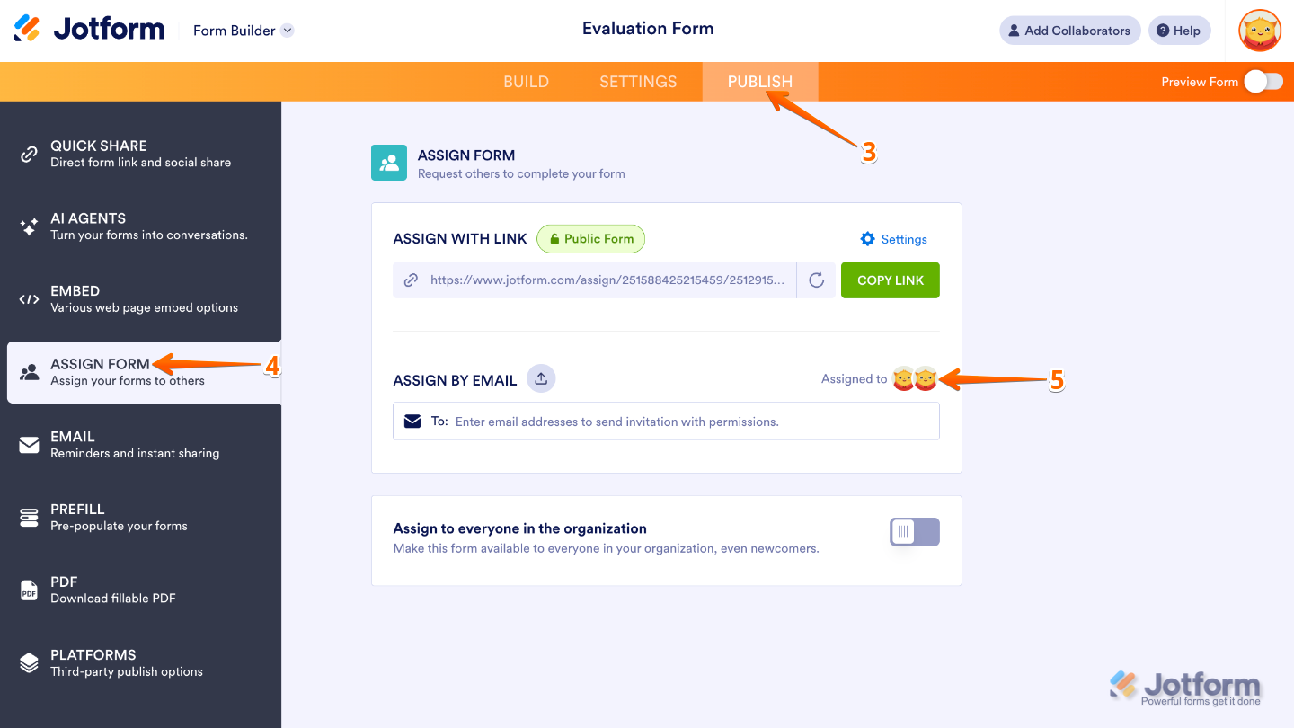 Form Builder Publish page showing the Assign Form section with the Assign To field highlighted