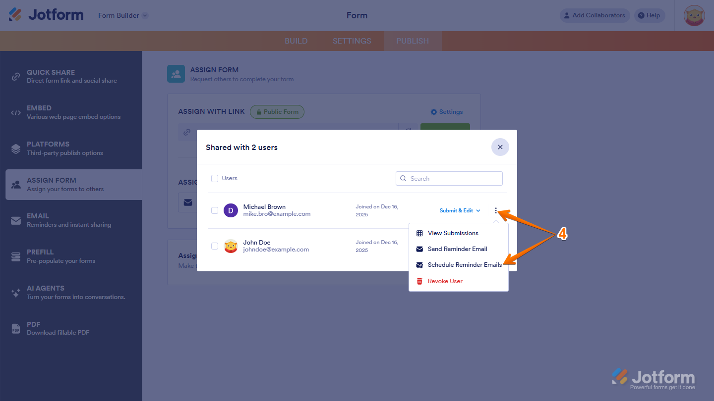 Open assignee options and schedule reminder emails in Jotform