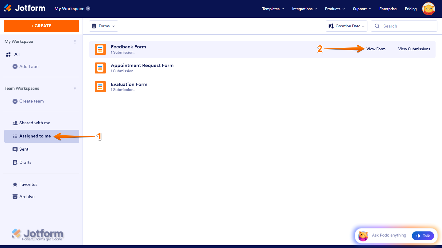Assigned to Me page showing assigned form card with View Submissions option in Jotform