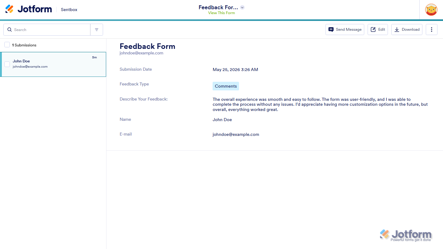 Assignee Sentbox page showing assigned form submissions in Jotform