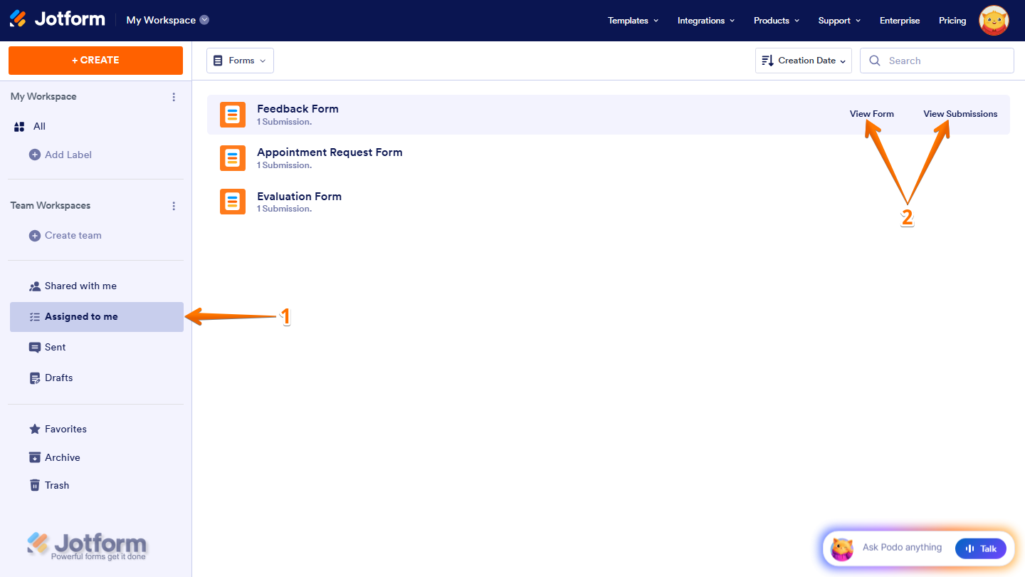 Jotform Workspace showing the Assigned to Me section with a form selected, displaying the View Form and View Submissions options when hovering over the assigned form